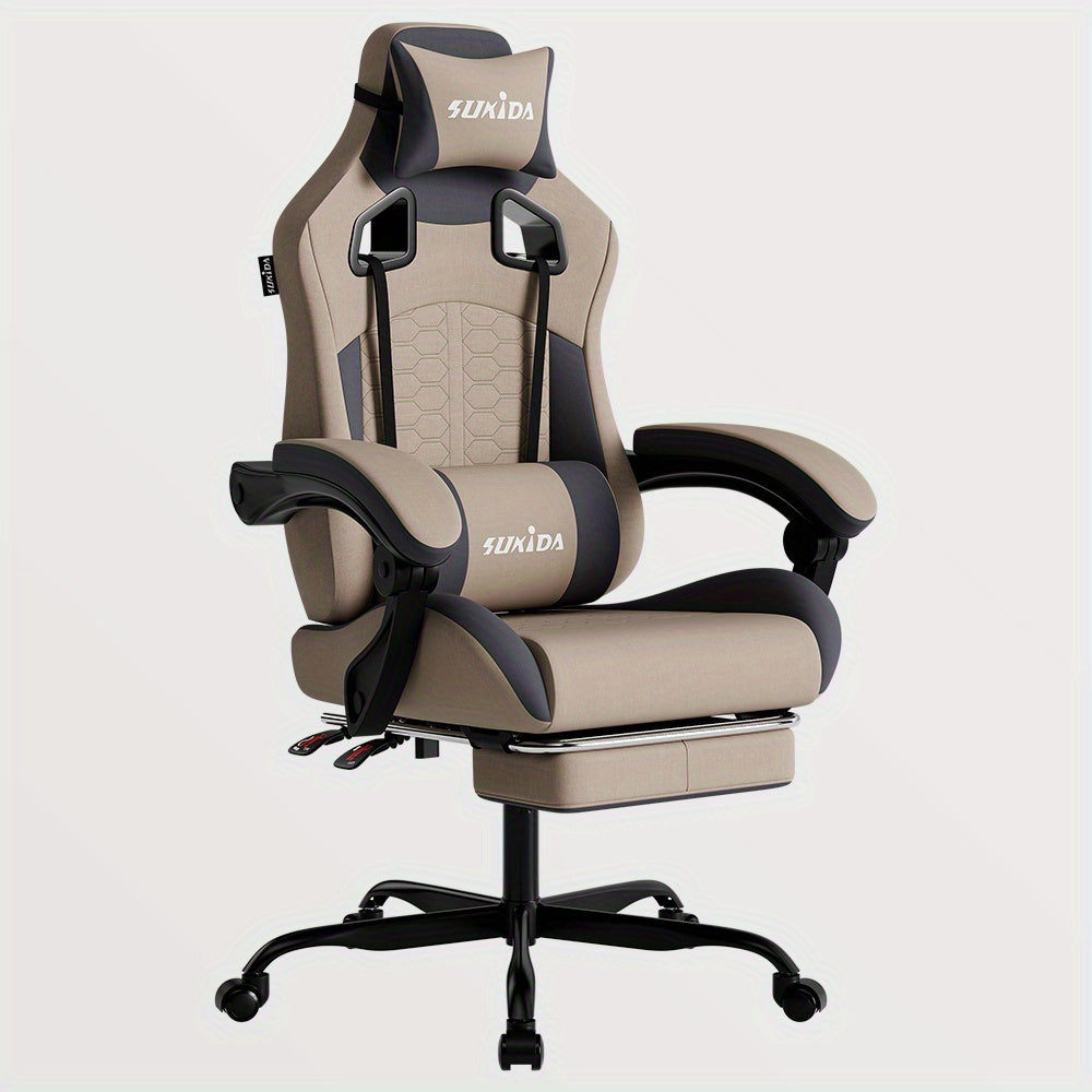 Silla Gaming, Silla Esports, Silla Gaming Ergonómica con Reposapiés, Silla Gaming de Carreras con Reposacabezas Ajustable, Silla de Ordenador con Altura Ajustable y Soporte Lumbar, Adecuada para Oficina en Casa y Gaming, Beige, Azul, Negro, Rojo, Naranja