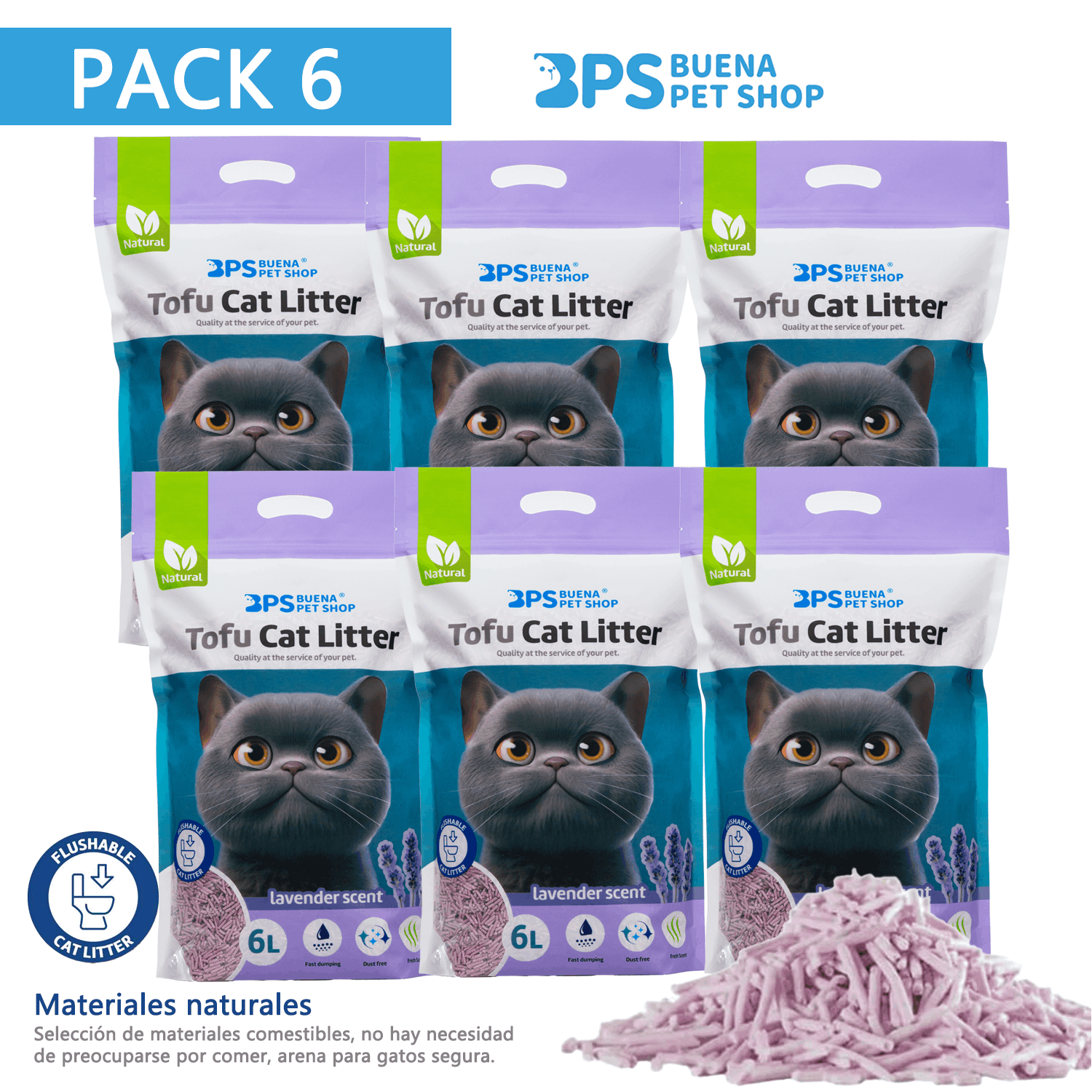 Arena de Tofu para Gatos 6L - Sin Polvo Fácil de Aglomerar y Controla Olores - y Segura para Gatitos - Pack de 6 Bolsas