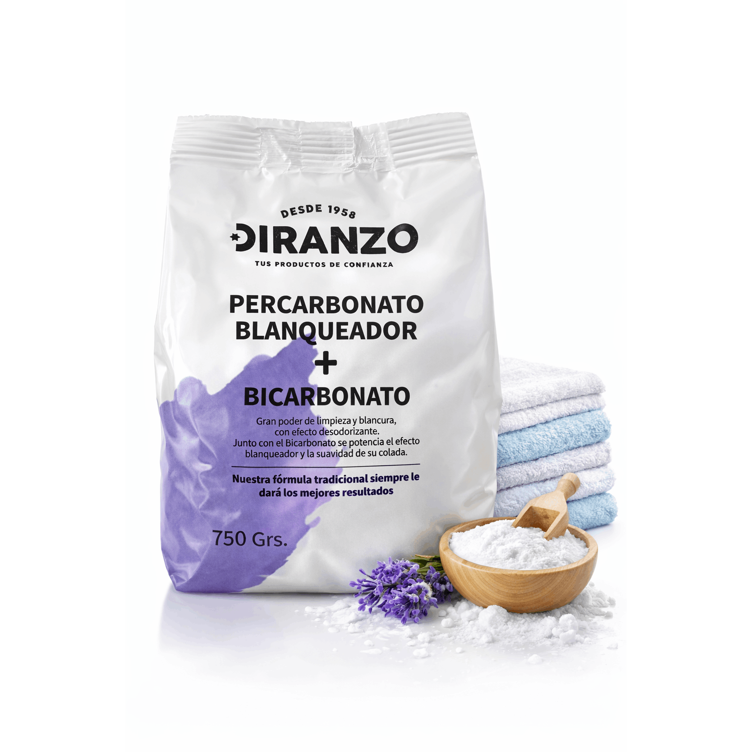 Percarbonato Blanqueador Diranzo, Percarbonato Sódico 750g, 100% Puro, Quitamanchas, Higienizante, Apto Ropa blanca y Color, Elimina manchas difíciles y olores, Alarga la vida de la Lavadora