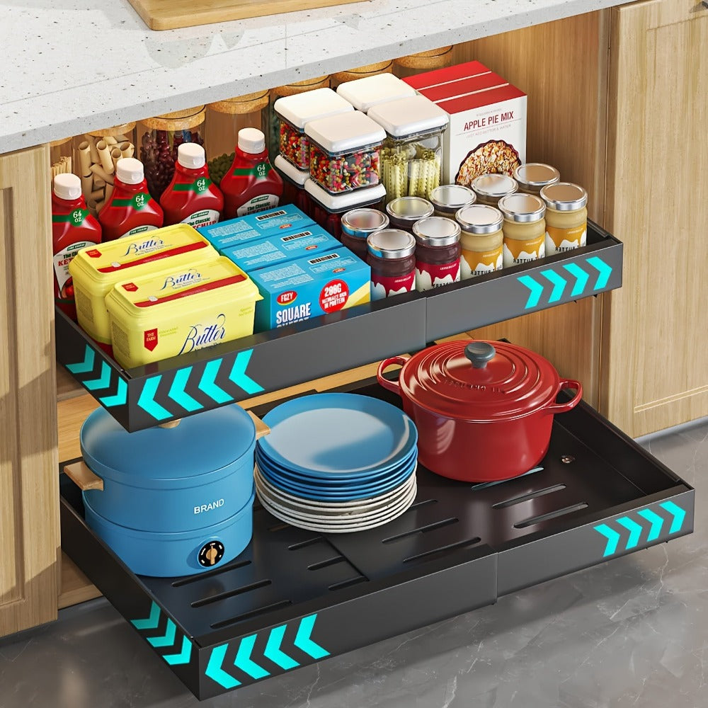 2 Paquetes de Cajones Extensibles para Gabinetes de Cocina, Juego de 2 Estantes Deslizantes de Almacenamiento, Cestas Extraíbles para Fregadero Sin Taladro, Estantes de Gabinete de Fácil Acceso, Adecuados para Baños y Lavanderías, Organizador de Almacenam