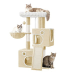 Un árbol para gatos compacto que mide 98 cm, con un diseño amplio y resistente, una gran plataforma suave, una pelota de felpa, una cueva acogedora, un rascador y una tabla rascadora