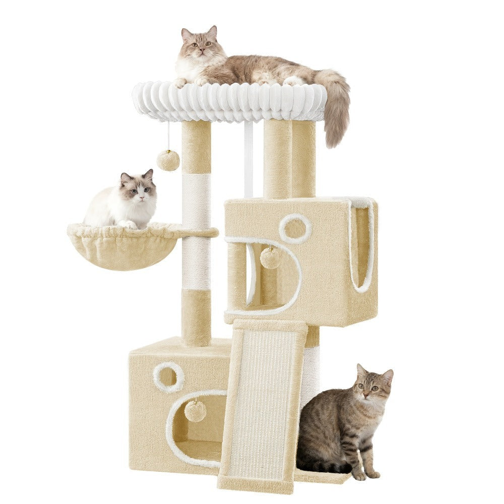 Un árbol para gatos compacto que mide 98 cm, con un diseño amplio y resistente, una gran plataforma suave, una pelota de felpa, una cueva acogedora, un rascador y una tabla rascadora