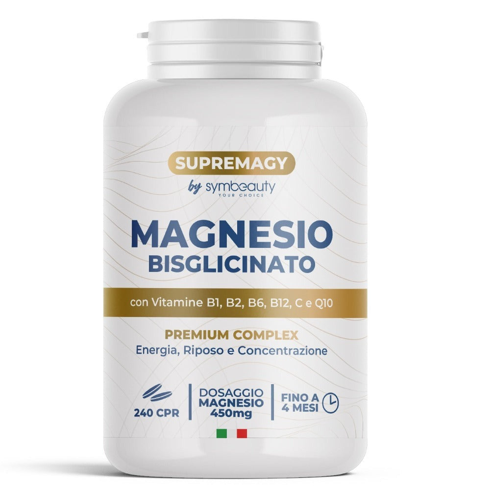 SUPREME MAGNESIO BISGLICINATO 450Mg (Hasta 4 Meses) 240 Pastillas - Complejo Premium | Vitamina B12, B1, B2, B6, C y Coenzima Q10 | Suplemento - Vegano y Hecho en Italia