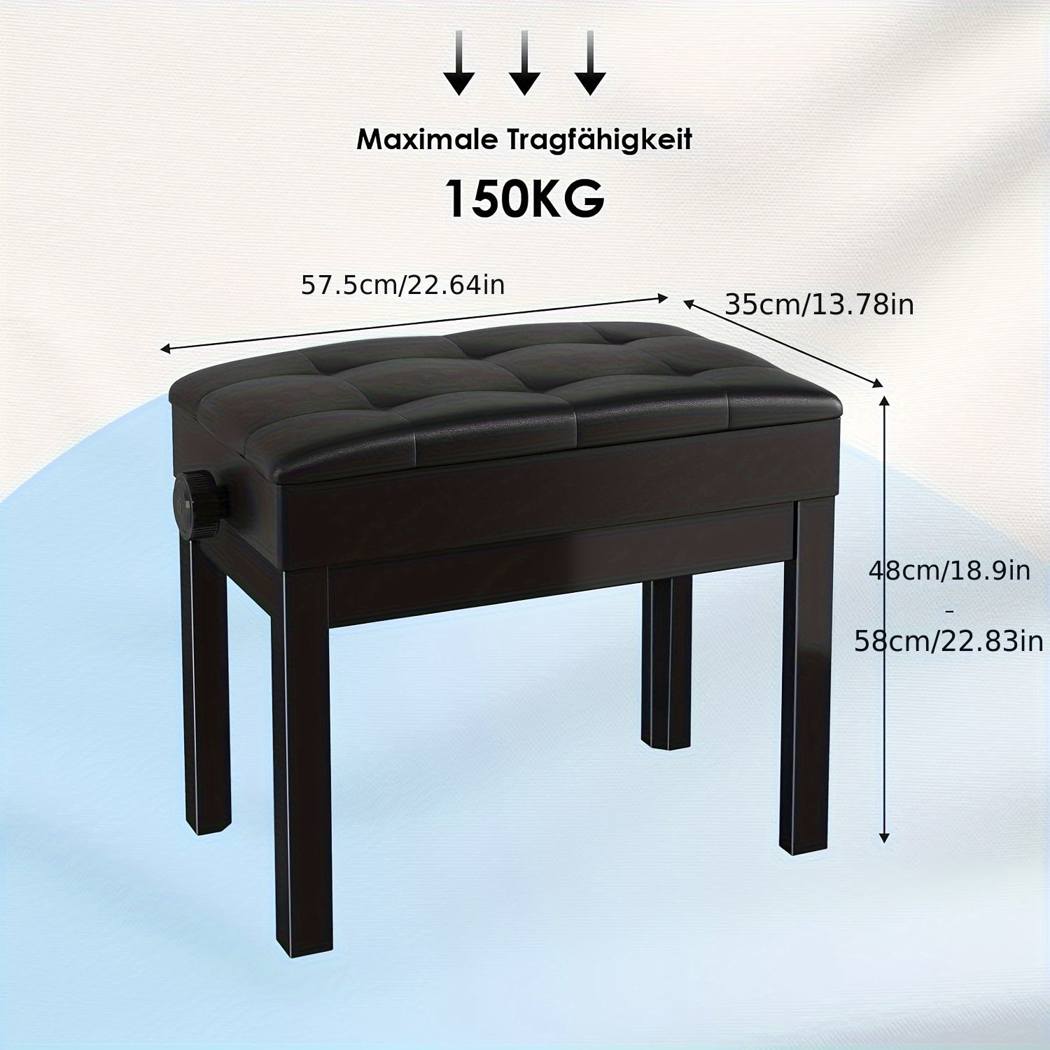Banco para instrumento de teclado, Banco para piano, Altura ajustable 48-58 cm, Banco para piano con espacio de almacenamiento, Cojín de cuero sintético, Capacidad de carga hasta 150 kg, Banco multifuncional, Se puede utilizar como taburete de vestir, tab