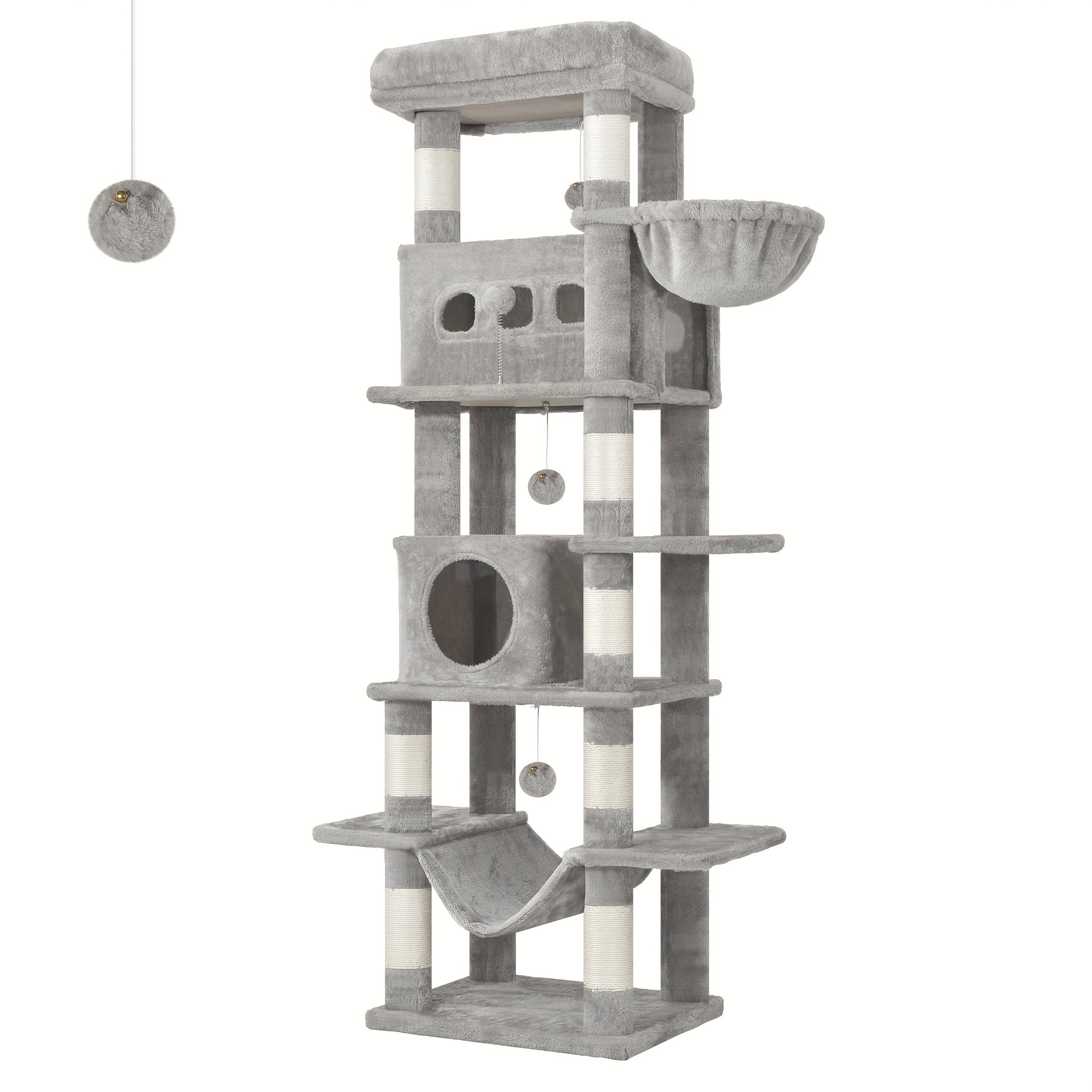 Torre para gatos de interior, 170 cm de alto, casa espaciosa de varios niveles con condominio, 8 postes para rascar, una hamaca y 4 pompones