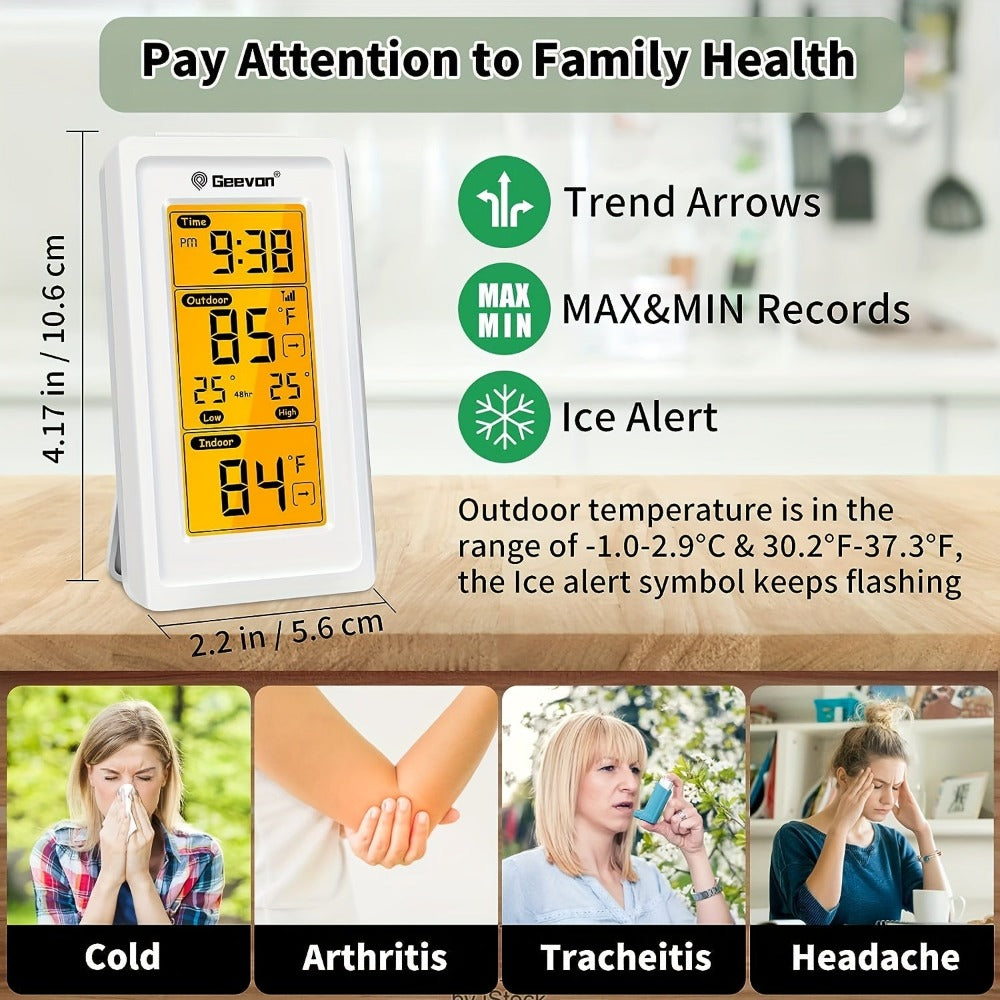 1 pieza GEEVON Medidor de temperatura sin varillas digital para interior y exterior con hora, máxima, mínima, monitor de temperatura con medición de 200 pies/60 m, medidor de temperatura ambiente sin batería, servidor sin función de transmisión