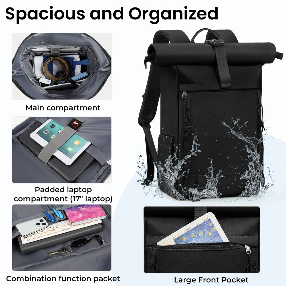 RAINSMORE Mochila Rolltop Mujer Hombre Mochila para Laptop 43.18 cm Mochila de Viaje Grande Mochilas de Día Mochila de Senderismo Negro Morado, Negro, L, Casual