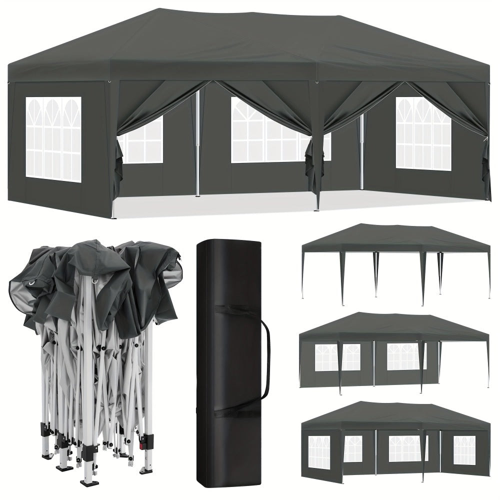 Toldo plegable de exterior de 1 pieza de 3 x 6 metros, toldo para exteriores, carpa de recepción portátil, cenador de metal, refugio, equipado con 6 paredes laterales y 4 ventanas, resistente al viento, protección UV, fácil de instalar, resistente y durad
