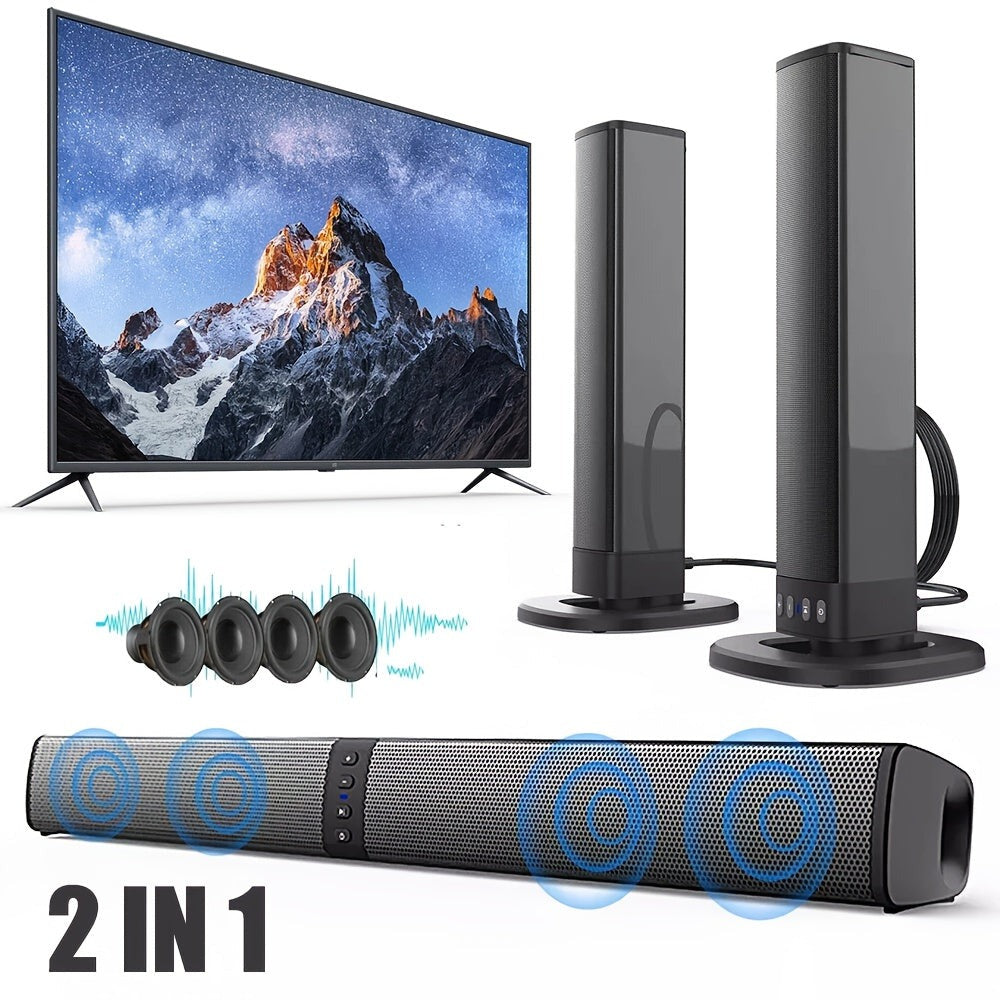 Barra de Sonido Estéreo para Smart TVs, Subwoofer sin varillas 2 en 1, Sistemas de Cine en Casa, Mejora de Graves, Conectividad Inalámbrica, TF, AUX, FM, RCA, TWS, Batería Recargable Integrada de 2000mAh, Compatible con Reproductor de DVD, TV, Computadora