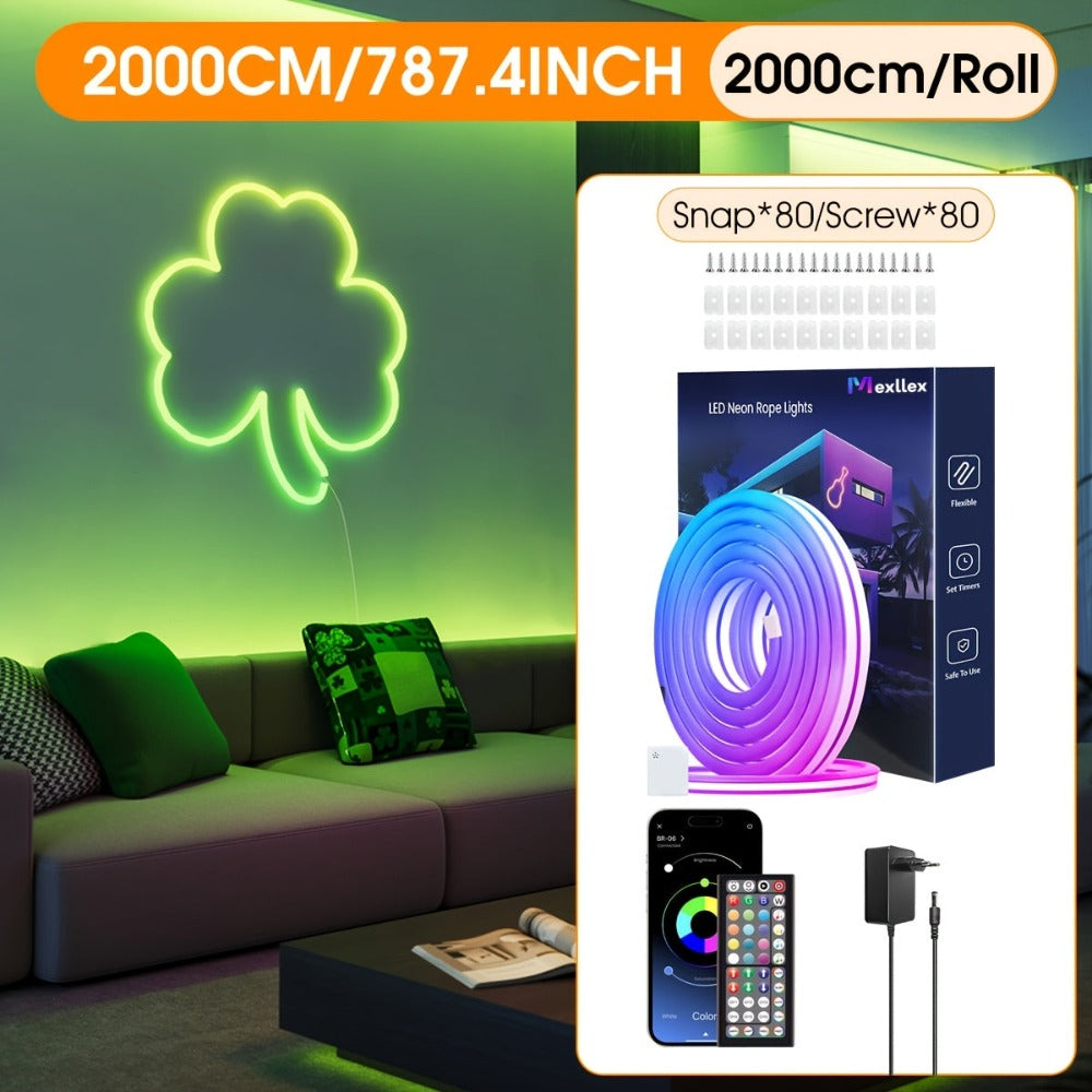 30m/20m/15m/10m/5m Luces LED Neon Flexibles Inteligentes con Control por App/Mando, Alta Calidad, Regulables, Lámpara RGB para Exteriores, Sincronización Musical o DIY, Función Temporizador para Habitaciones, Regalos