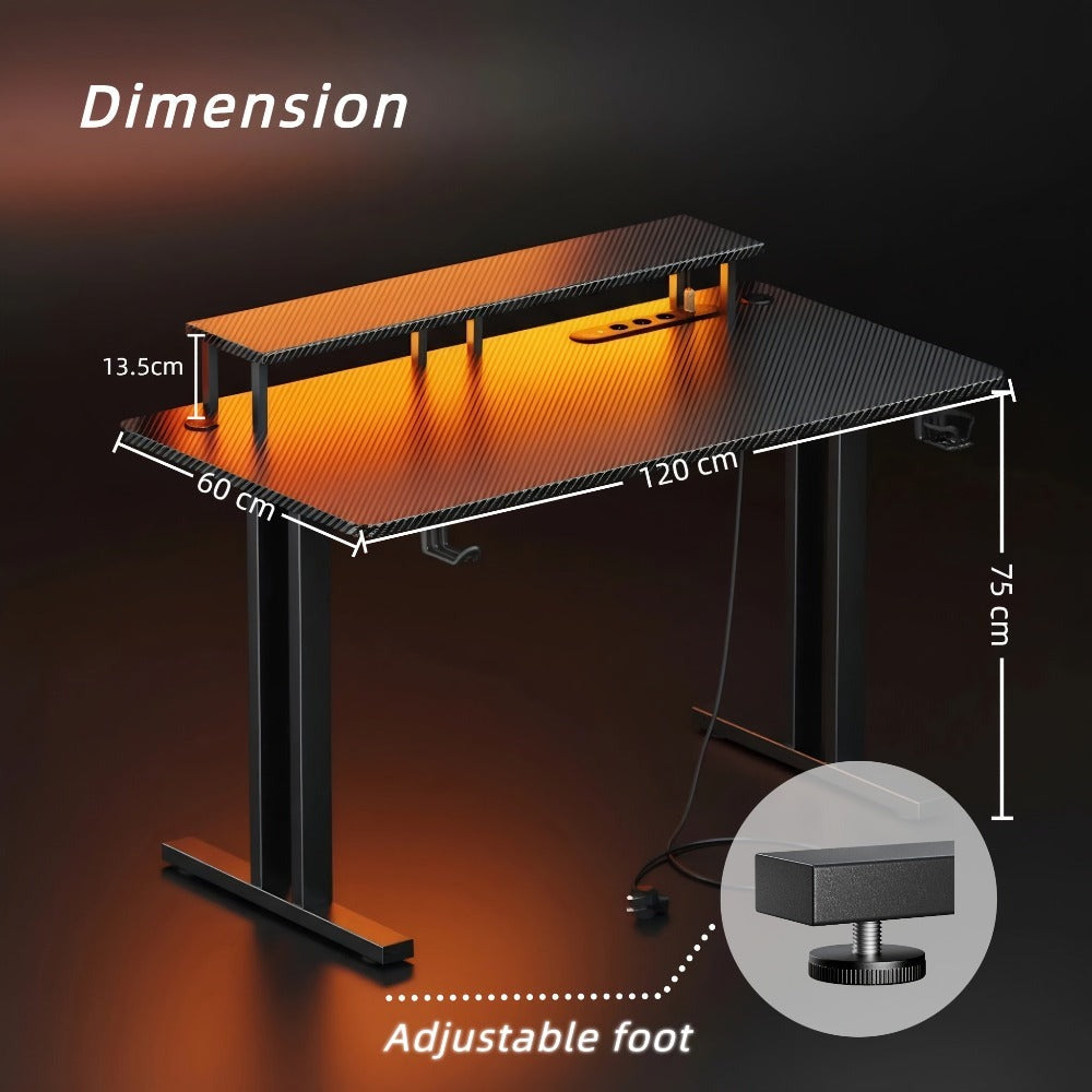 Escritorio Gaming RGB con Tomas de Corriente y Soporte para Monitor, Estación de Trabajo Ergonómica para Computadora, Mesa de Fibra de Carbono Grande para Oficina en Casa con Portavasos y Gancho para Auriculares, Regalos de Navidad,