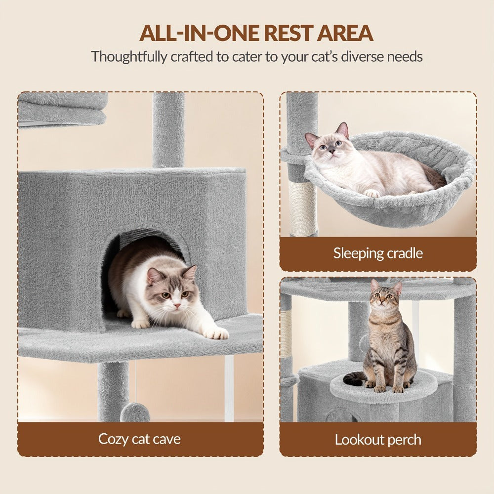 Rascador Grande para Gatos, Rascador de 216 Cm, Gatos Grandes, Estable con Rascadores, 2 Casas Cómodas para Gatos, 2 Perchas, 2 Cestas, Hamaca, Para Uso en Interiores