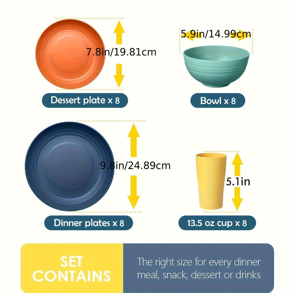 Juego de Vajilla para Cocina de 32 Piezas, Servicio para 8 Personas, Platos Principales, Platos de Postre, Tazones para Cereal, Vasos, Platos Coloridos Irrompibles para Camping al Aire Libre