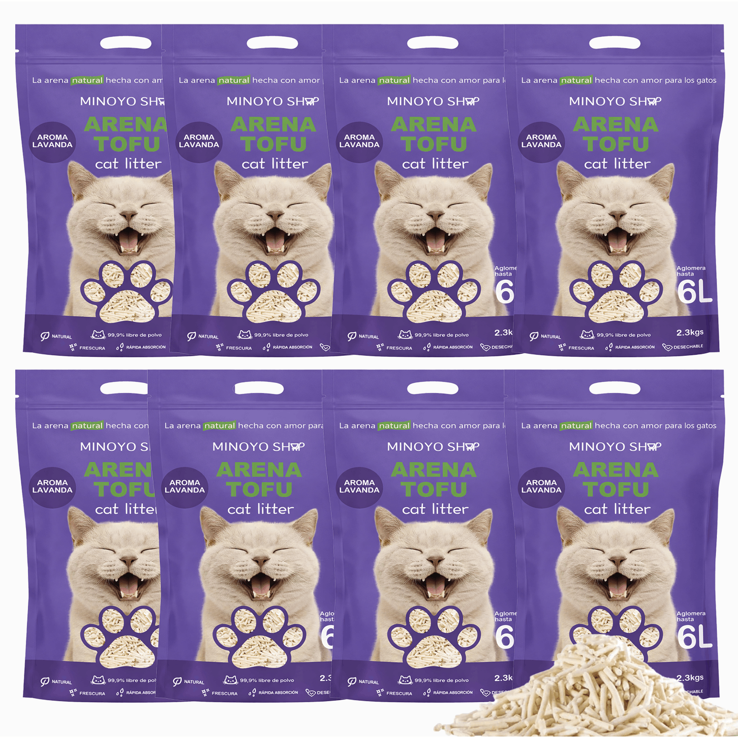 Arena de Tofu para Gatos aglomera 6L - Sin Polvo Fácil de Aglomerar y Controla Olores -y Segura para Gatitos - Pack de 4/8 Bolsas