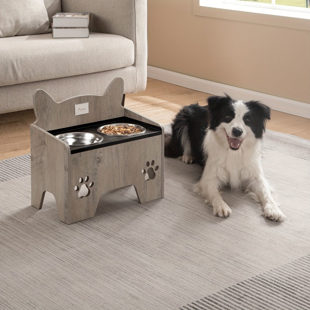 Comedero Elevado para Mascotas con Dos Tazas de Acero Inoxidable, Diseñado para Evitar Derrames, Apto para Perros de Todo Tamaño, con un Diseño Vintage Marrón y Negro