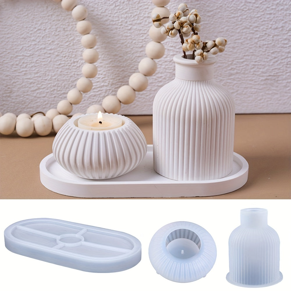 Juego de 3 moldes ovalados de silicona aptos para fundición de resina y manualidades con velas - Crea tu propio jarrón de flores a rayas y portavelas de bandeja. Estos moldes reutilizables para yeso y arcilla presentan un diseño acanalado inspirado en la