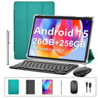 Tableta QDDQ Android 15 con teclado, 256 GB de almacenamiento, 26 (6+20) GB de RAM, expansión SD de 1 TB (sin tarjeta SD), tableta 2 en 1, tableta de 10.1 pulgadas con funda, ratón, lápiz óptico, IPS de 1280x800, inalámbrica 2.4G/5G, tableta WIFI, Tipo-C
