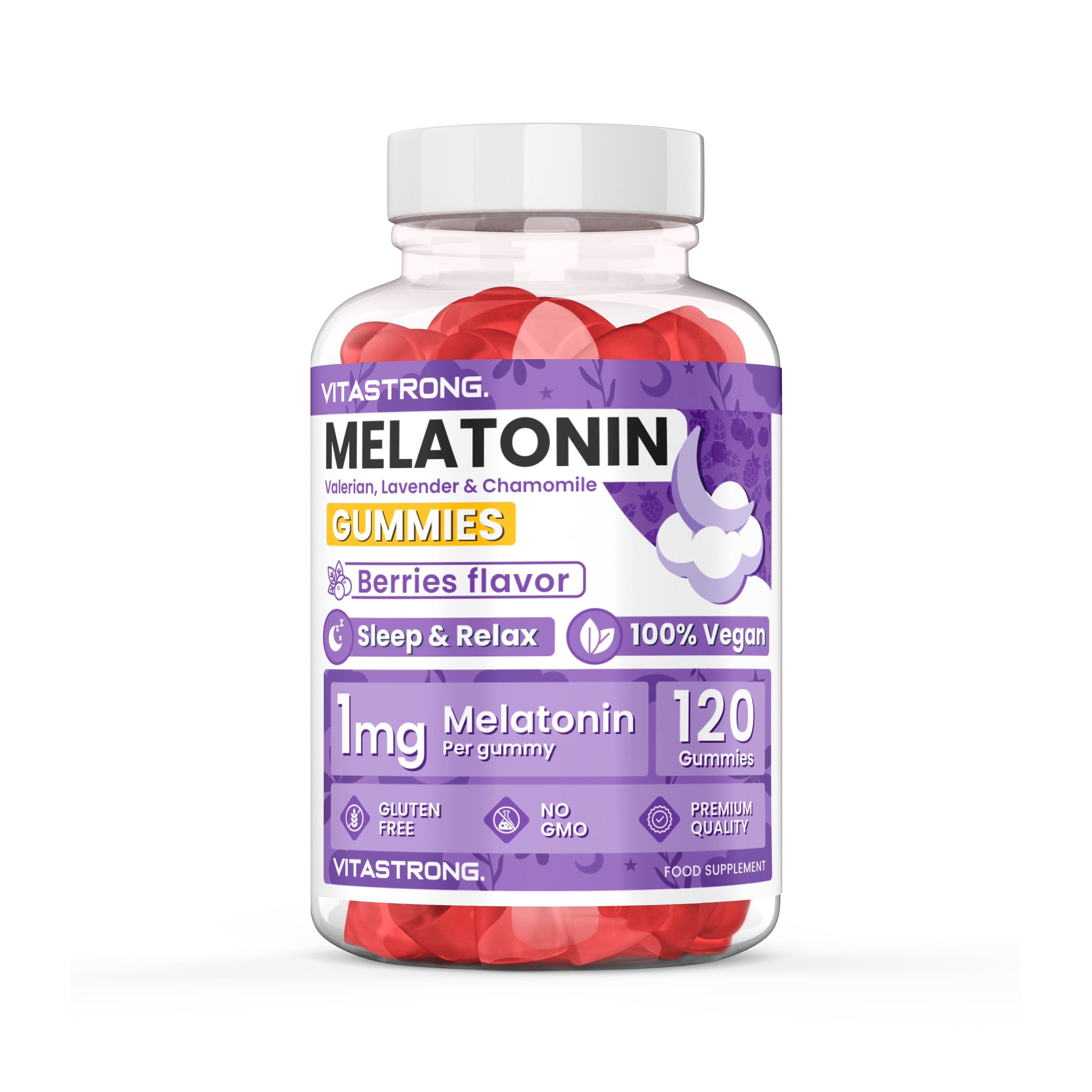 Melatonina Vegan Vitastrong en Gomitas, 120 Gomitas de 1 Mg (1 por Día, Suministro para 4 Meses), Sin Sacarosa, Sin Gluten, Sabor a Frutas Rojas, con Valeriana, Lavanda, Manzanilla y Vitamina B6