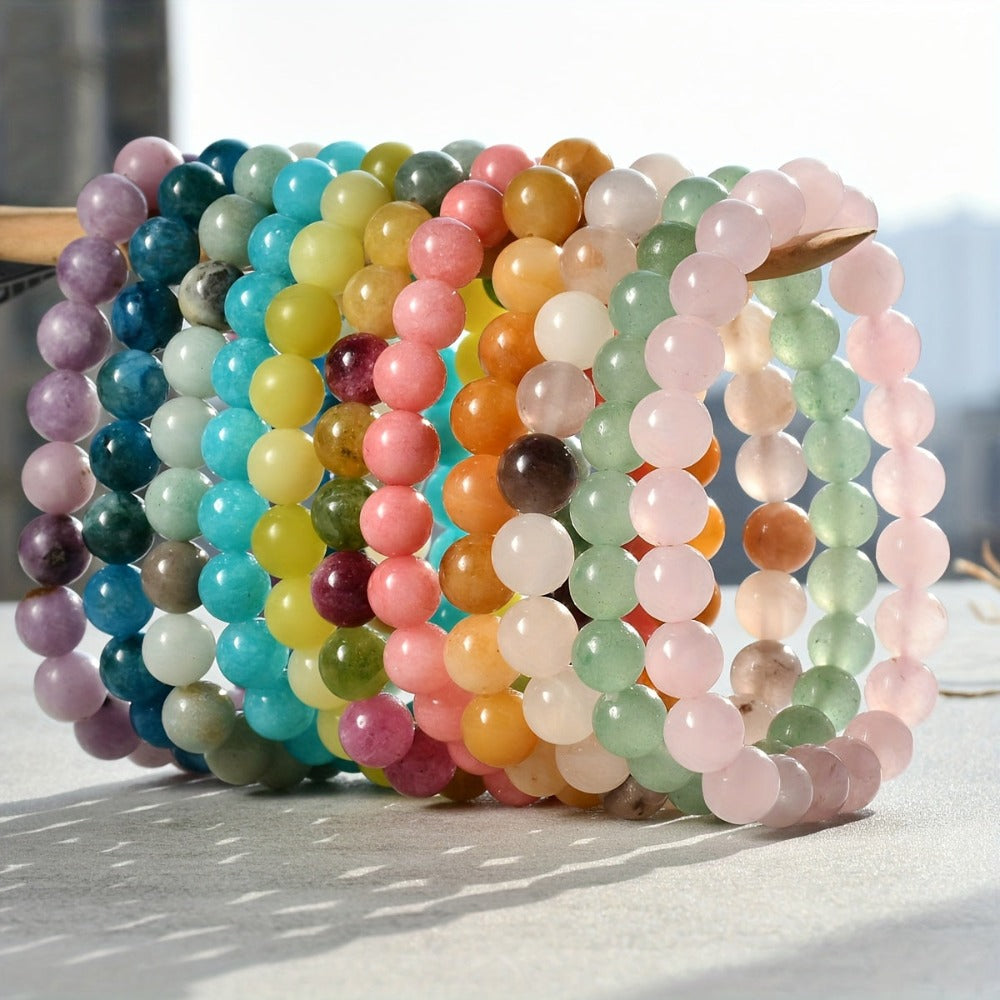 20 pulseras de piedra natural, pulseras de cuentas de piedra artificial de color aleatorio para mujeres y hombres, pulseras elásticas de cuentas redondas de 8 mm, pulseras naturales, regalo de cumpleaños, pulseras para mujer, pulseras para hombre, regalos