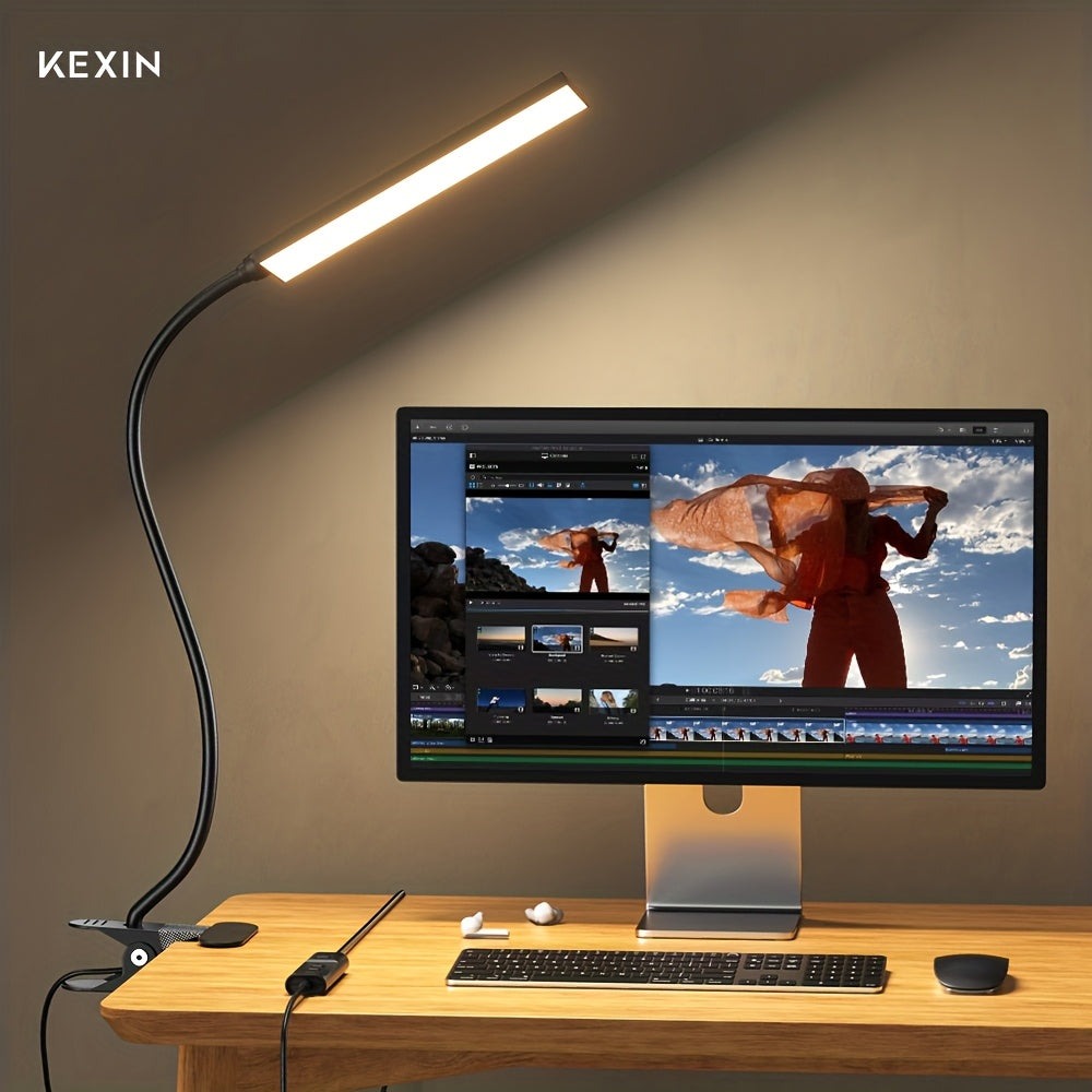 Lámpara de Mesa KEXIN con Pinza para Cama - 5W 48 LED Luz de Libro con 3 Modos y 13 Niveles de Intensidad, Lámpara de Escritorio Protectora de Ojos con Cuello Flexible 360°, Pinza para Mesa en Color