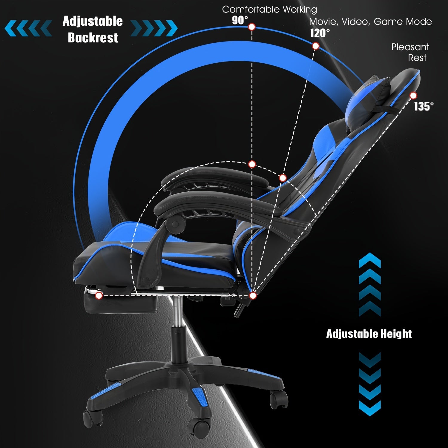 Silla de oficina ergonómica diseñada para gaming, con reposapiés, respaldo alto, giro ajustable y soporte lumbar, hecha de cuero PU en estilo racing para entusiastas de los E-Sports