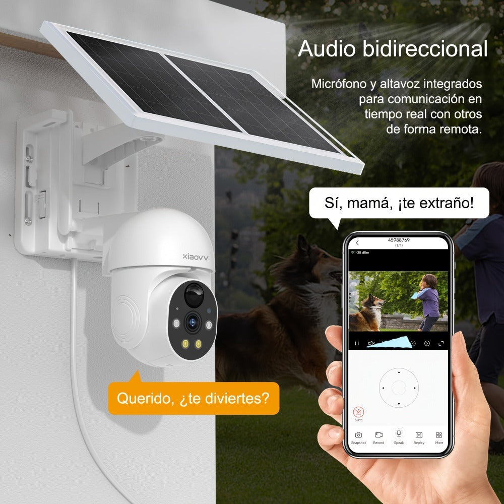 Cámara de seguridad exterior XIAOVV P6, sistema de vigilancia sin varillas WiFi con visión nocturna HD 1080P, audio bidireccional, alertas de detección de movimiento, panel solar, adecuada para CCTV empresarial, con aplicación y montaje en pared
