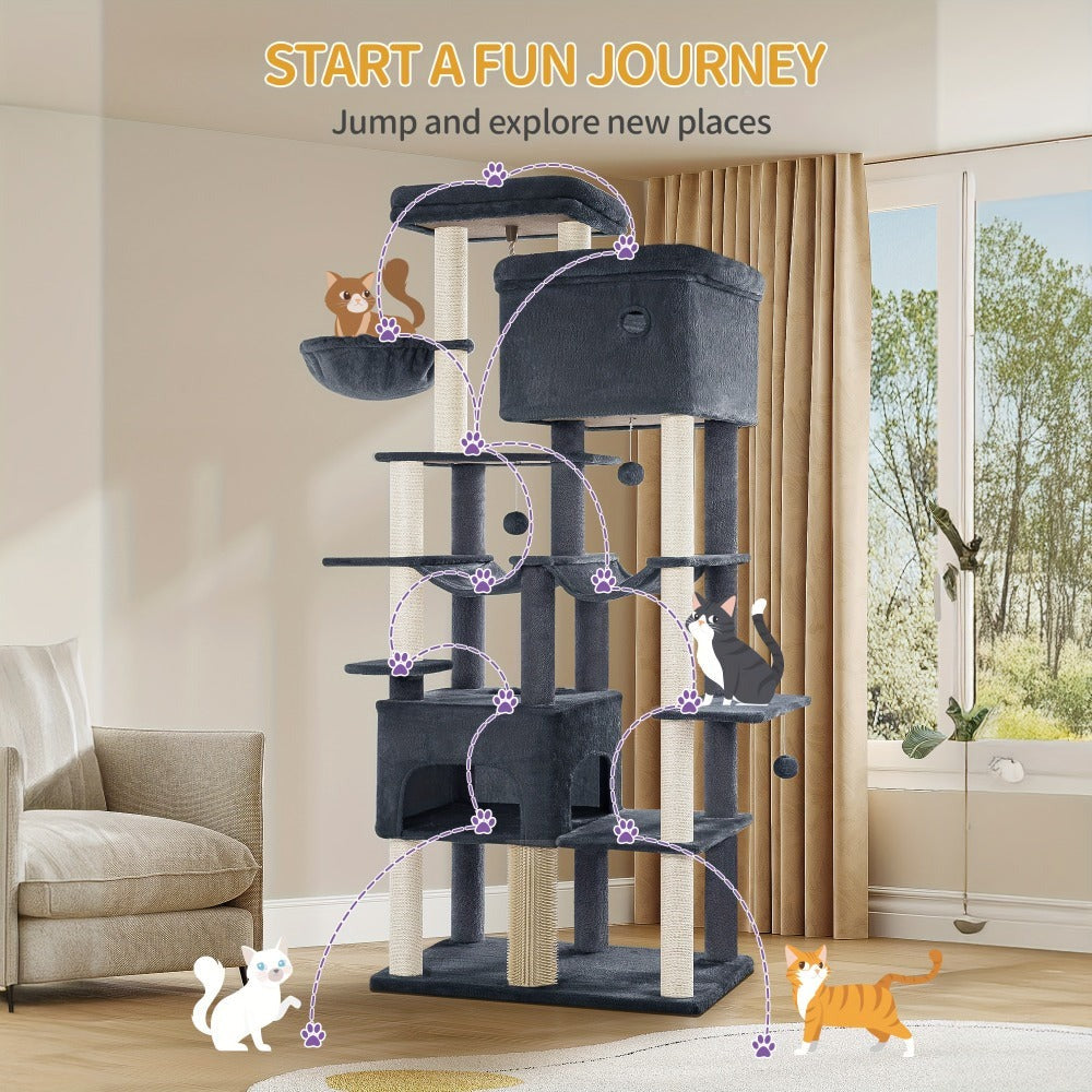 Árbol para gatos, Árbol para gatos XXL de 200 cm con 10 postes para rascar, 2 cuevas, 2 hamacas, plataforma grande, cepillo para gatos, cesta, árbol para gatos resistente para Maine Coon y gatos más grandes, gris claro/gris oscuro/beige