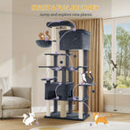 Árbol para gatos, Árbol para gatos XXL de 200 cm con 10 postes para rascar, 2 cuevas, 2 hamacas, plataforma grande, cepillo para gatos, cesta, árbol para gatos resistente para Maine Coon y gatos más grandes, gris claro/gris oscuro/beige