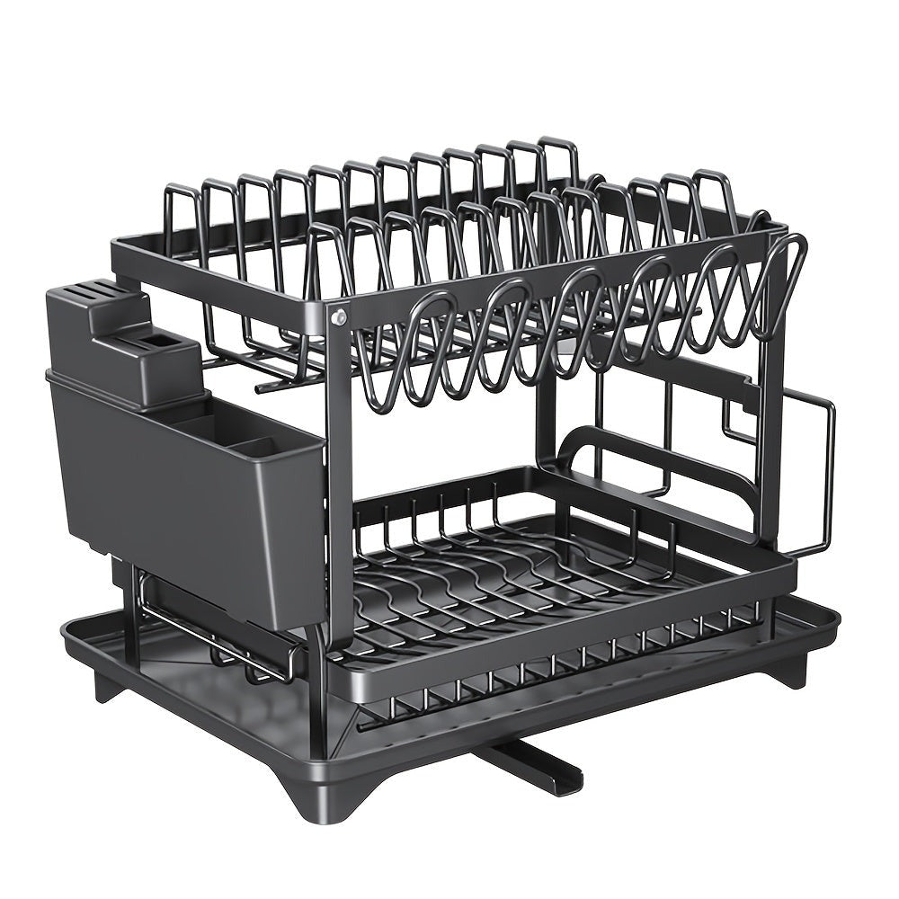 Escurridor de Platos de 2 Niveles con Bandeja de Drenaje - Escurridor de Platos Giratorio Ajustable, Soporte para Utensilios y Tazas, Organizador de Encimera de Cocina que Ahorra Espacio para un Secado Eficiente