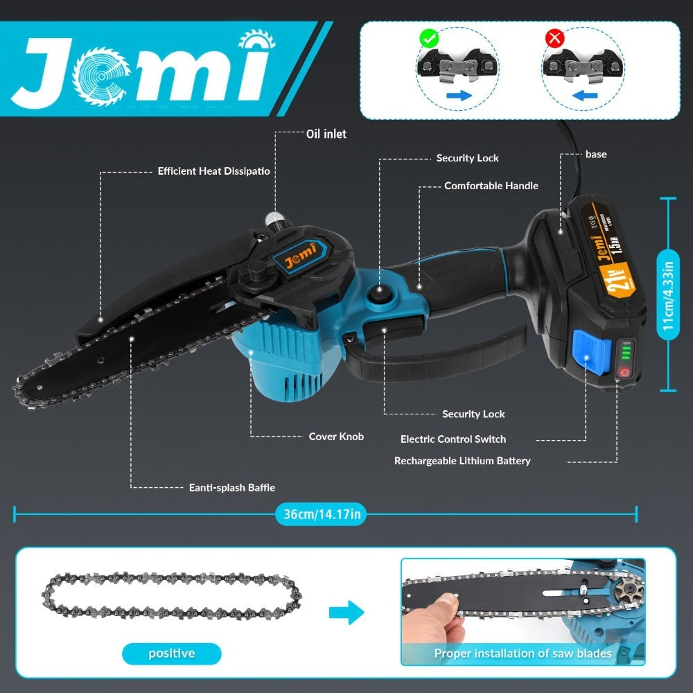 Motosierra Mini de 6 pulgadas Jemi Tool con Sistema de Lubricación Automática, Equipada con una Batería de 1/2 * 1.5Ah y una Cadena de 1/2, Ideal para Cortar Madera, Recortar Ramas y Podar Jardines