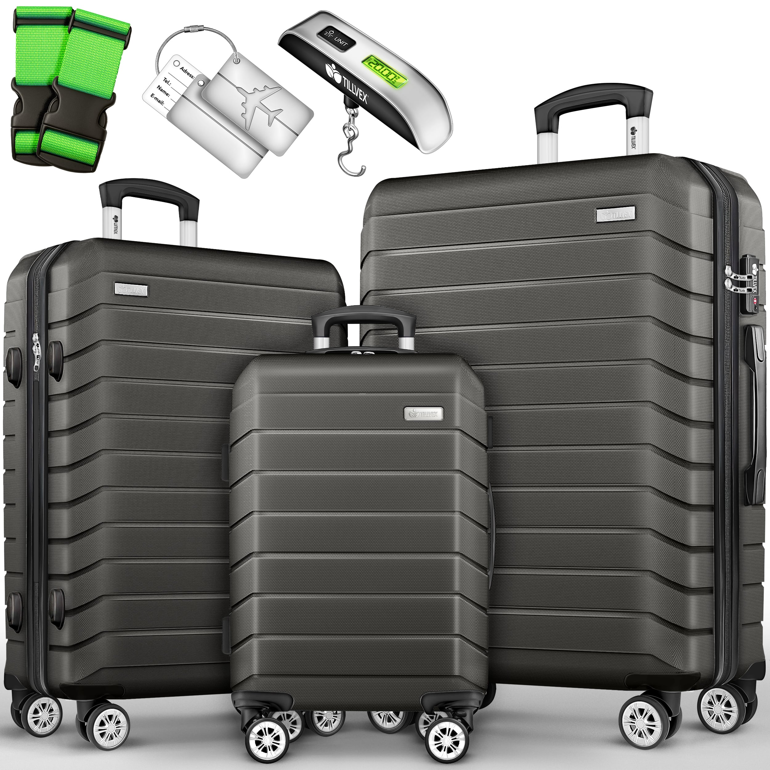 Tillvex® Juego de Equipaje de Viaje con Báscula, Correas y Etiquetas | Maleta de 4 Ruedas | Equipaje con Candado TSA | Juego de Maletas de Carcasa Dura