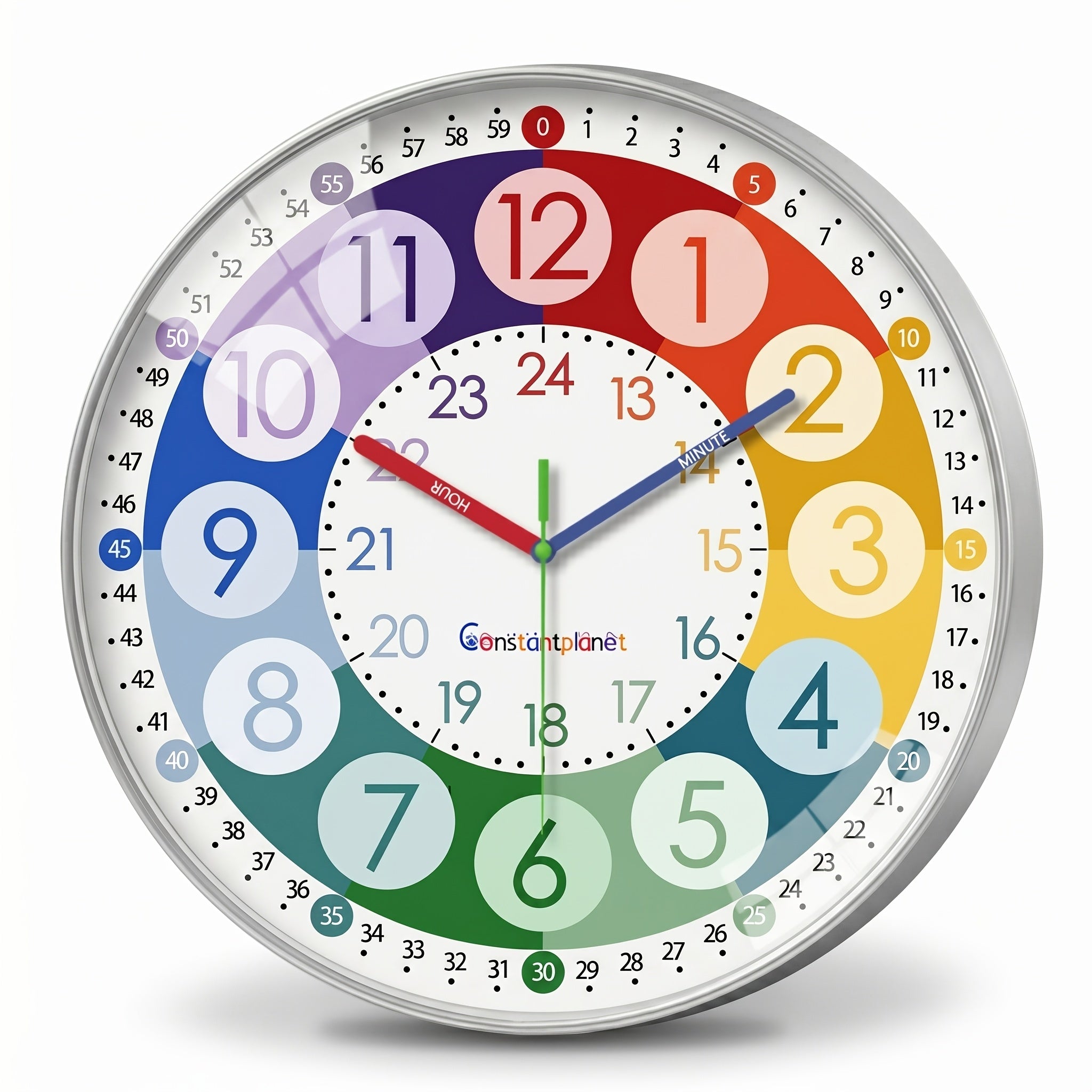 Reloj de pared de plástico con dibujos animados coloridos, con secciones de código de color para una fácil lectura, reloj silencioso de 20.32-30.48 cm (sin tic-tac), funciona con pilas, adecuado para aulas, dormitorios, salas de juegos, decoraciones de pa