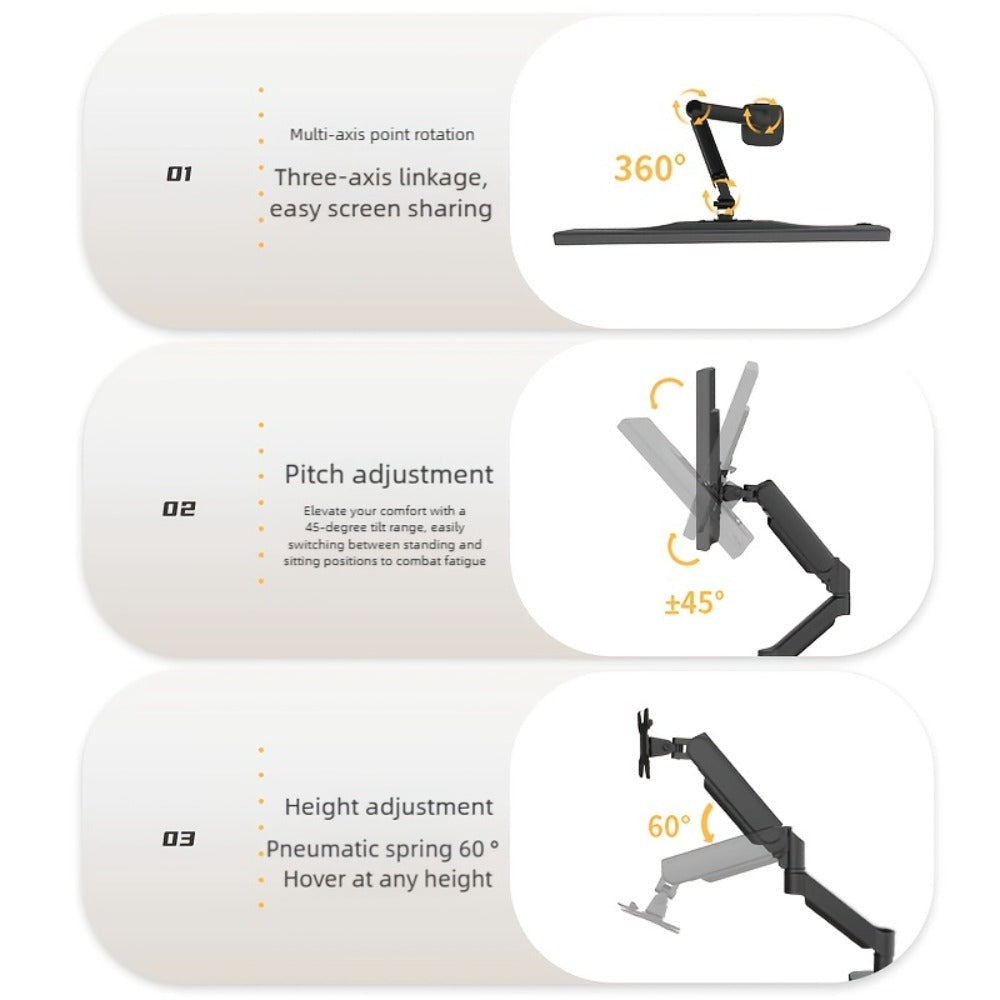 Soporte de brazo único para monitor de TV/computadora, diseño ergonómico, inclinación y rotación bidireccionales, altura ajustable, de acero, incluye 3 destornilladores portátiles.