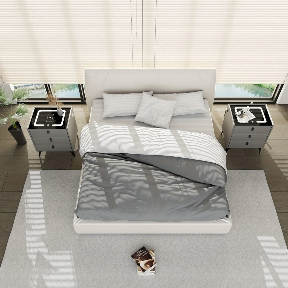 Mesita de noche inteligente gris, negra y blanca, con luz LED, 3 cajones, cómoda para sala de estar/dormitorio