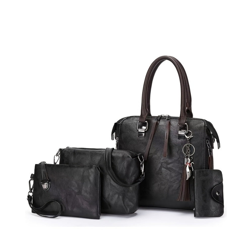 Conjunto de 4 piezas de bolsos para mujer, moderno y versátil, incluye bolso tote retro, bolso cruzado de hombro, bolso de mano, billetera, bolso tote grande de PU con cera de aceite, borlas, ideal para el día a día, viajes y como regalo