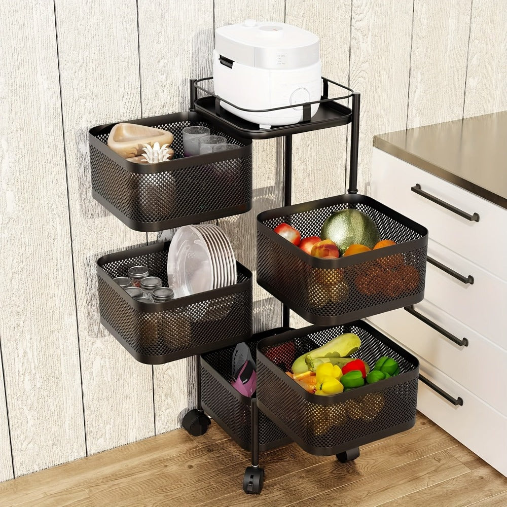 Carro Giratorio de Cocina de 5 Niveles con Ruedas, Unidad de Estantería Móvil de Marco Metálico Grande, Ideal para Despensa, Portafrutas, Verduras, Ahorrador de Espacio para Uso Doméstico o Comercial, Estante de Pie