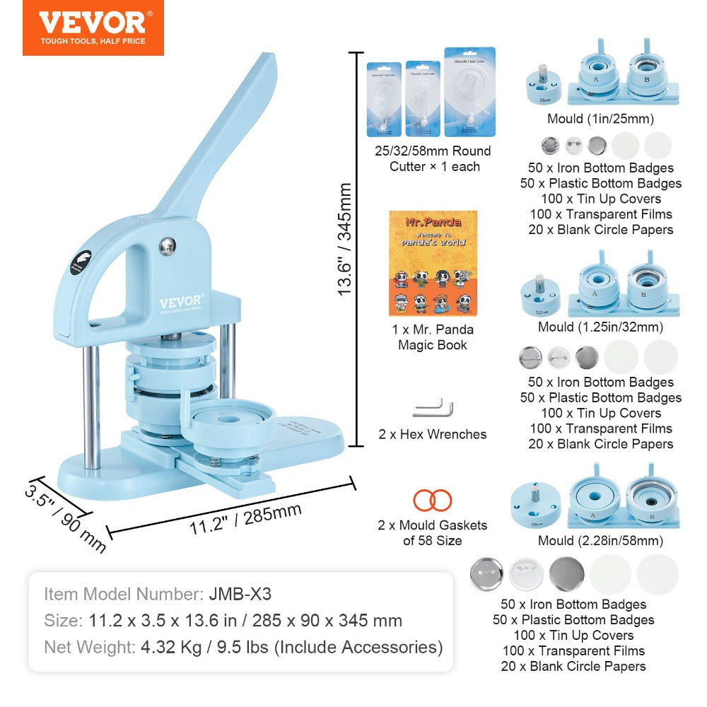 VEVOR Máquina para Hacer Botones, 1/1.25/2.28 pulgadas (25/32/58mm) 3 EN 1, Máquina para Poner Pines, 300 Piezas para Botones, Máquina para Hacer Botones con Libro Mágico de Panda, Kit de Prensa de Punzonado con Mango de Arco Ergonómico, Para Regalos DIY