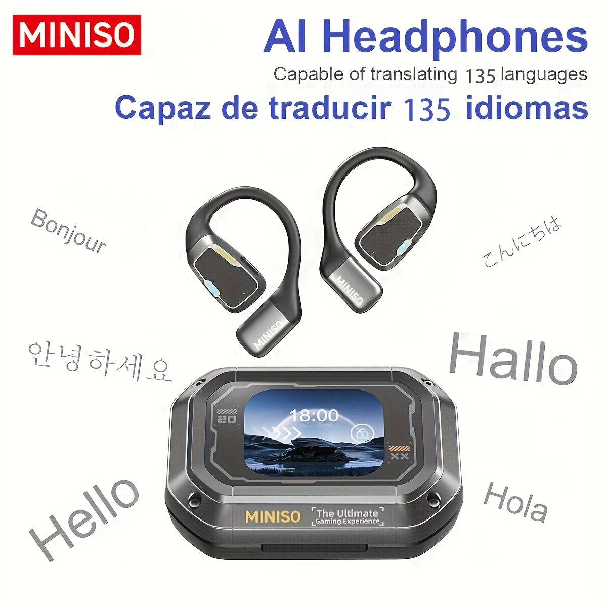 Auriculares Bluetooth | MINISO M98 Auriculares Inalámbricos con Traducción AI - Diseño Abierto, Soporta 135 Idiomas en Tiempo Real, Pantalla HD a