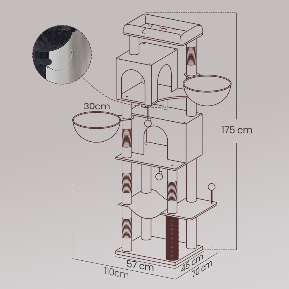 Árbol para Gatos de 175 cm, Torre Multinivel, 2 Niveles, 2 Hamacas, 5 Postes Rascadores, Cepillo, Plataformas, Regalos de Navidad