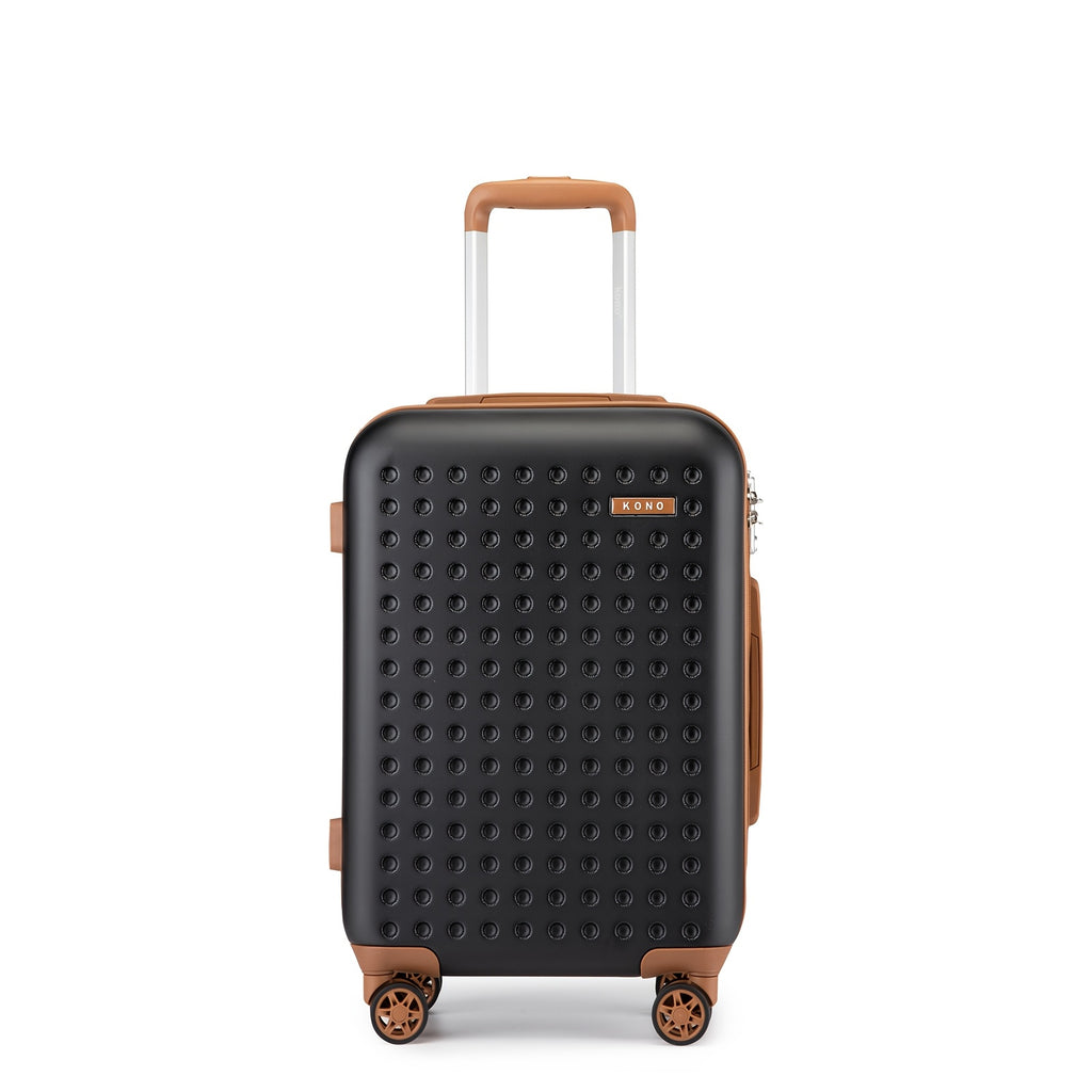 Esta maleta rígida ligera ofrece múltiples tamaños, ruedas giratorias y un candado TSA incorporado, disponible en negro y marrón.