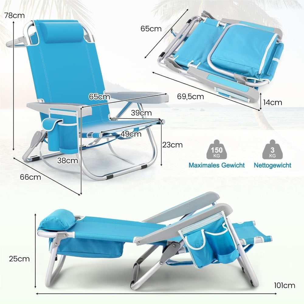 Silla de playa plegable, ligera, silla de camping con respaldo ajustable, reposacabezas, bolsillos laterales, correas para los hombros, soporte para toalla y reposabrazos, silla plegable, silla para exteriores (Azul)