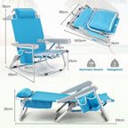 Silla de playa plegable, ligera, silla de camping con respaldo ajustable, reposacabezas, bolsillos laterales, correas para los hombros, soporte para toalla y reposabrazos, silla plegable, silla para exteriores (Azul)