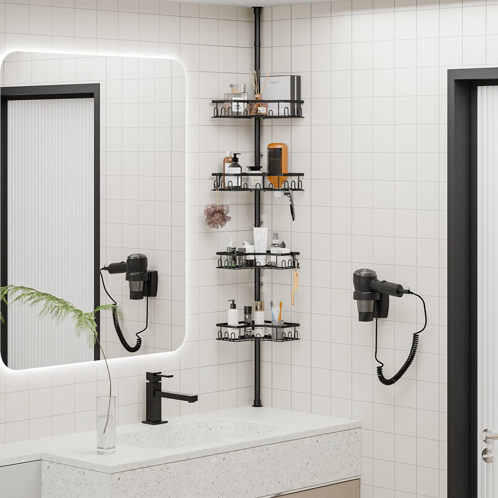 Estante de ducha telescópico sin taladrar, estante de esquina de ducha ajustable en altura con 4 baldas, estante de esquina para bañera y cocina, soporte para champú, acero inoxidable (82-296 cm)