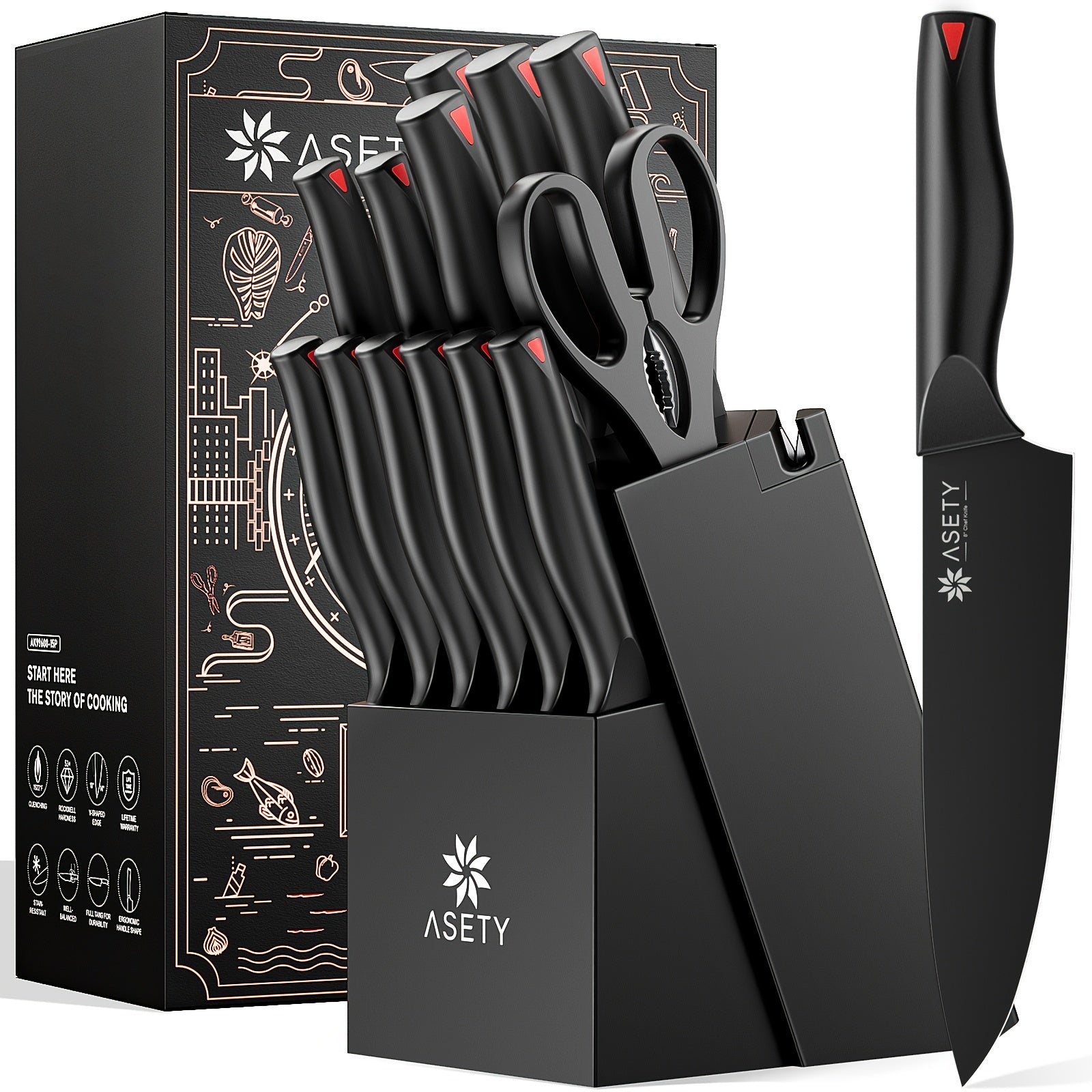 Juego de cuchillos Asety, juego de 15 cuchillos de cocina con bloque afilador incorporado, juego de bloque de cuchillos de acero inoxidable de alto carbono, seguro para alimentos NSF, juegos de cuchillos aptos para lavavajillas para la cocina, elegantes a