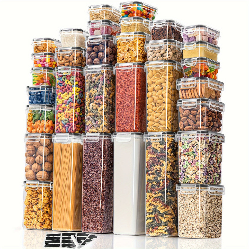 Set de Organización de Cocina Premium de 32 piezas - Contenedores de Almacenamiento Herméticos y Frascos de Especias con Tapas para Refrigerador, Despensa y Gabinete de Cocina - Ideal para Harina, Azúcar, Pasta, Muesli y Suministros para Hornear - Incluye