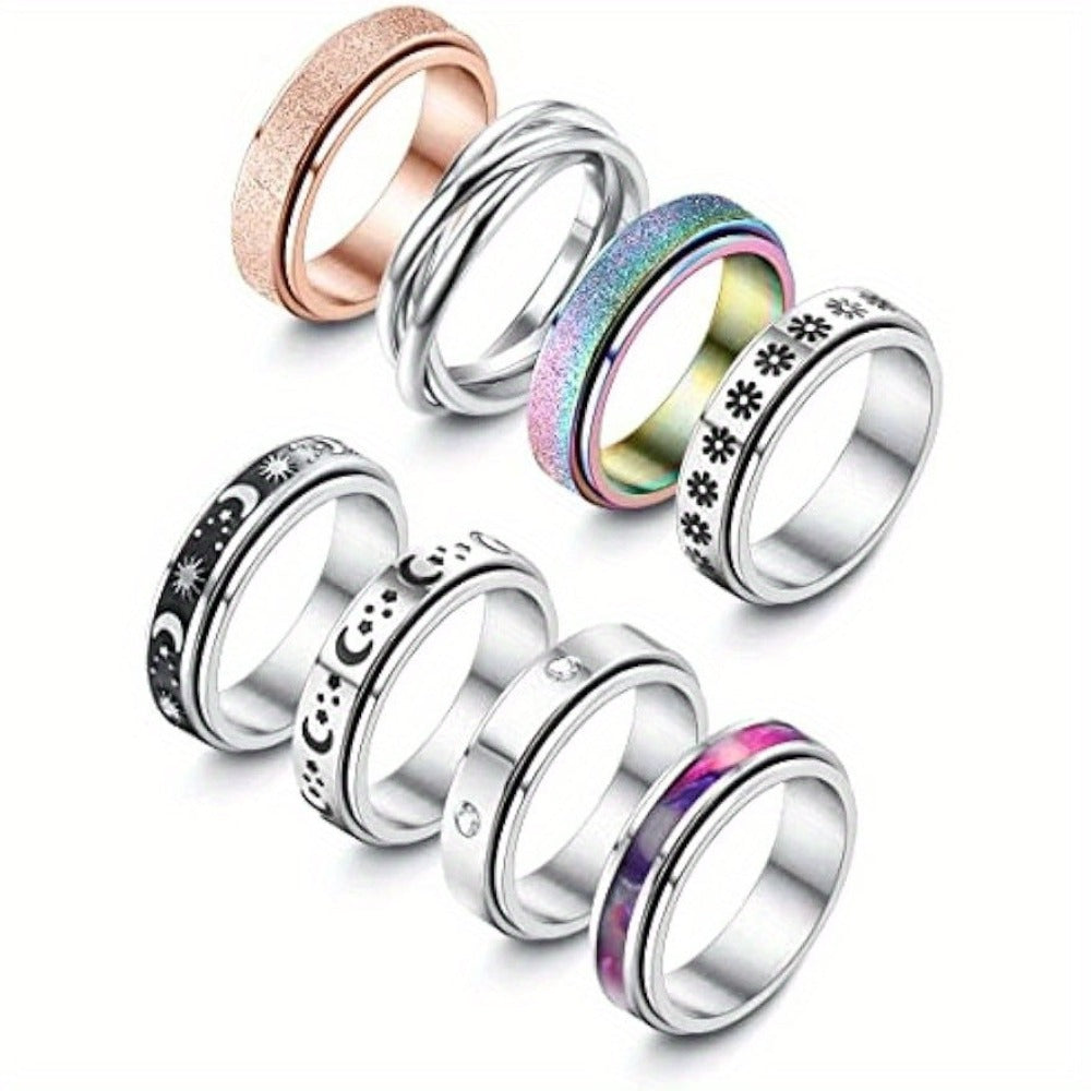 8 Piezas de Anillos Spinner para Ansiedad, Juego de Anillos de Acero Inoxidable para Mujeres y Hombres, Anillos Antiestrés Fidget