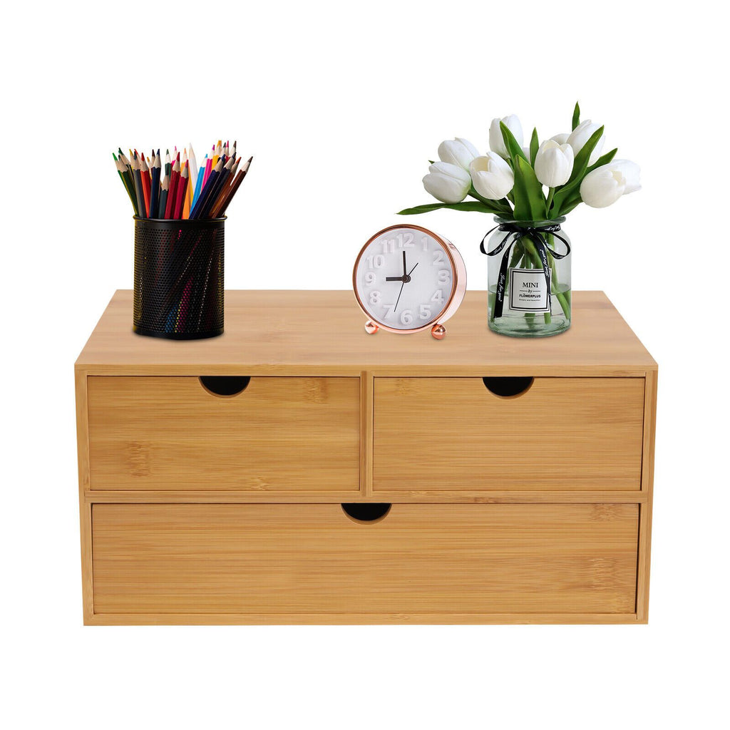 Organizadores de escritorio | Organizador de escritorio de bambú, con 3 cajones, material natural, caja de almacenamiento para ahorrar espacio