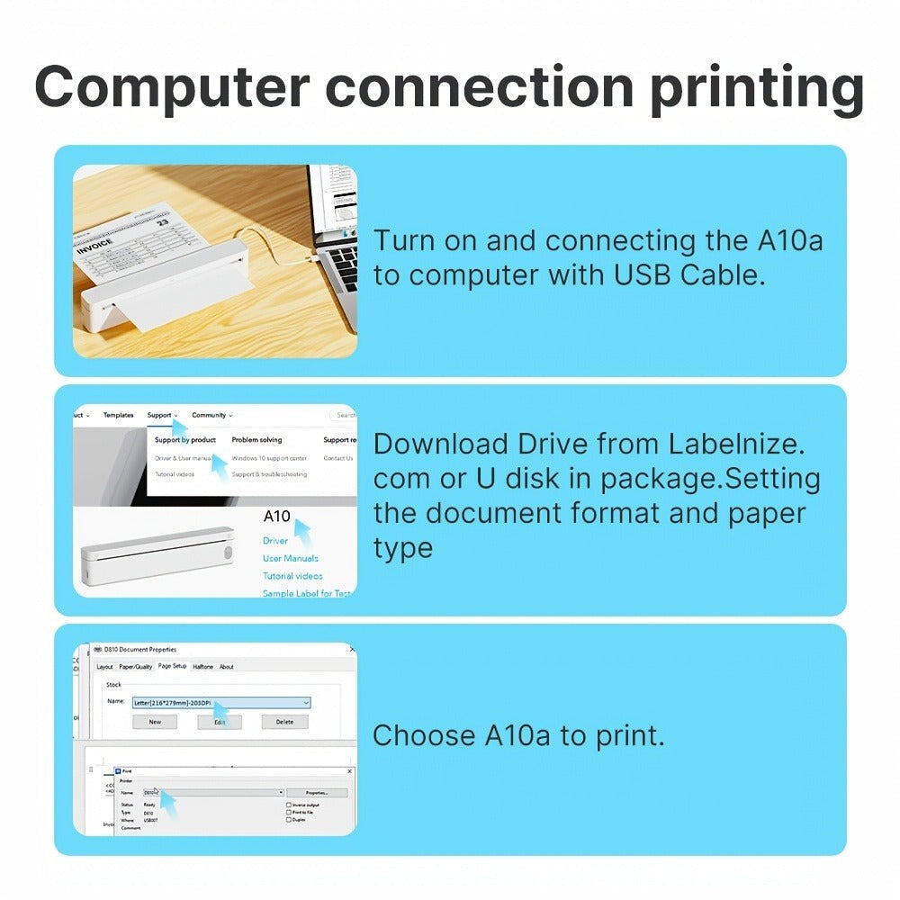 Impresora portátil sin tinta A10a, impresoras portátiles inalámbricas, impresora térmica para teléfono y portátil, impresora móvil para oficina, hogar y escuela, compatible con papel térmico de 21.59 cm x 27.94 cm y A4