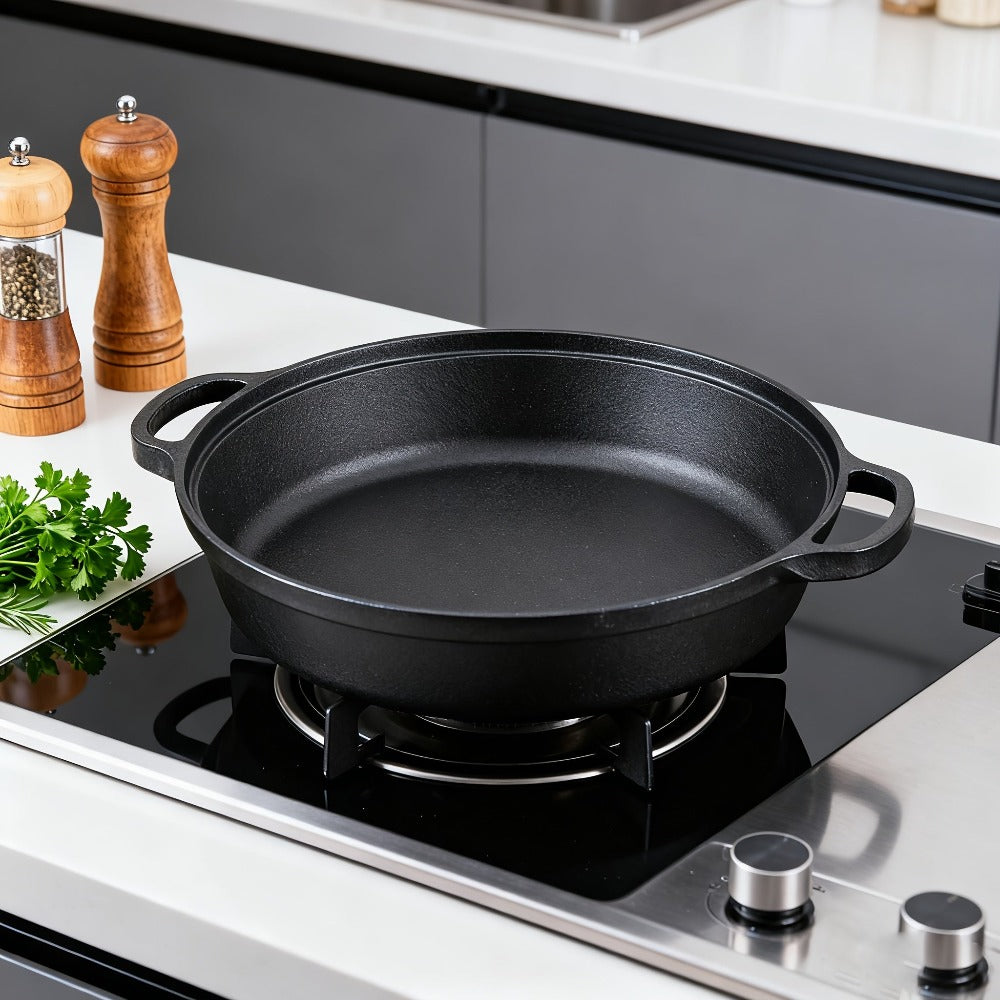 Olla de hierro fundido de 25CM con doble asa y tapa de madera, material de hierro fundido de alta calidad, conducción de calor uniforme, compatible con vaporización, fritura, estofado y hervido, apta para cocinas de inducción, estufas de cerámica y fuego