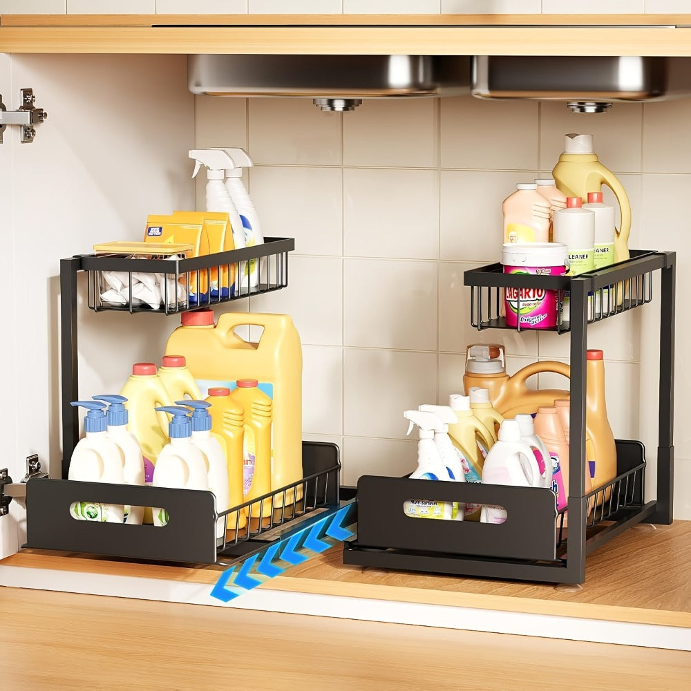 Organizador de Doble Capa para Debajo del Fregadero - Estante de Almacenamiento Extraíble de Plástico Resistente, Diseño Impermeable y Antioxidante que Ahorra Espacio, Adecuado para Cocina, Baño, Despensa, Lavandería - Fácil de Instalar